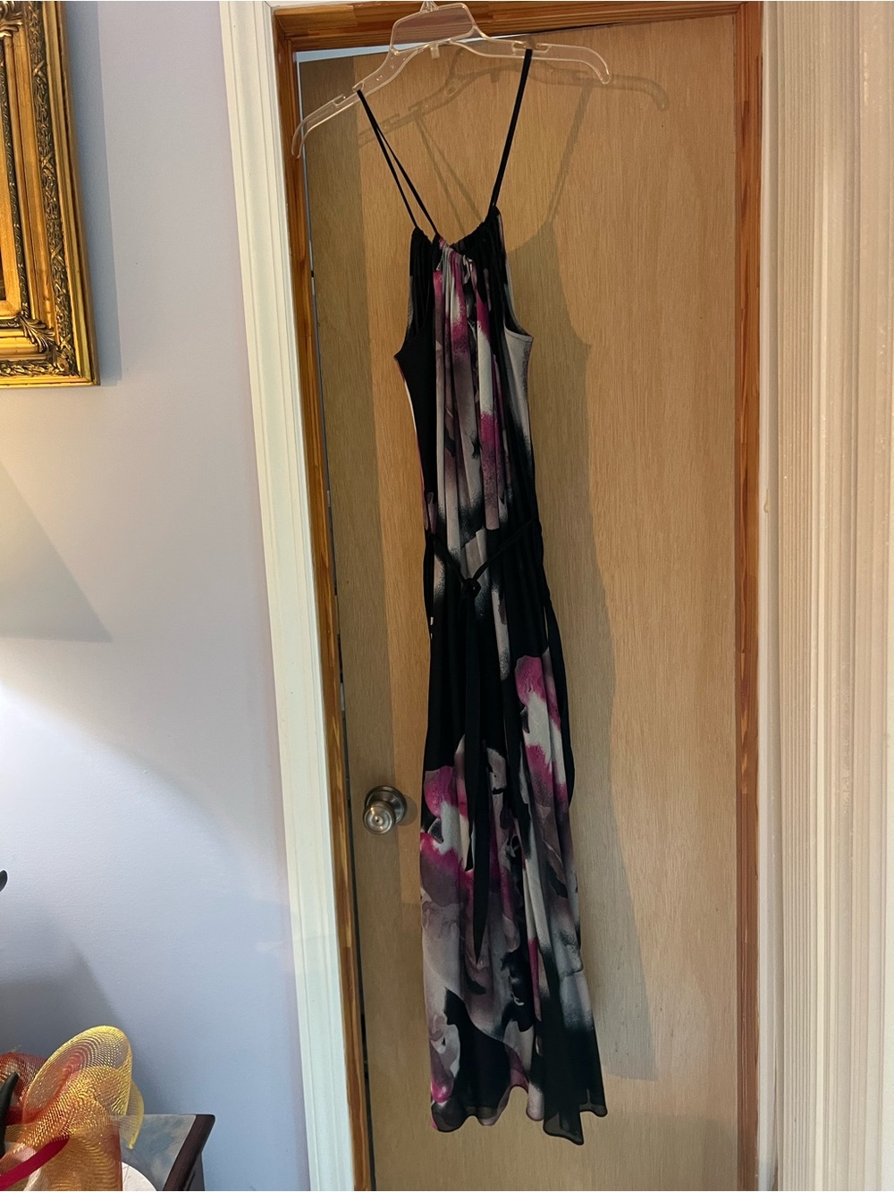 European Floral Black & Pink Maxi Dress with Spaghetti Straps